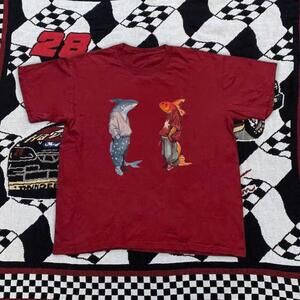 Red 90S Graphic Tee With Shark And Fish Design